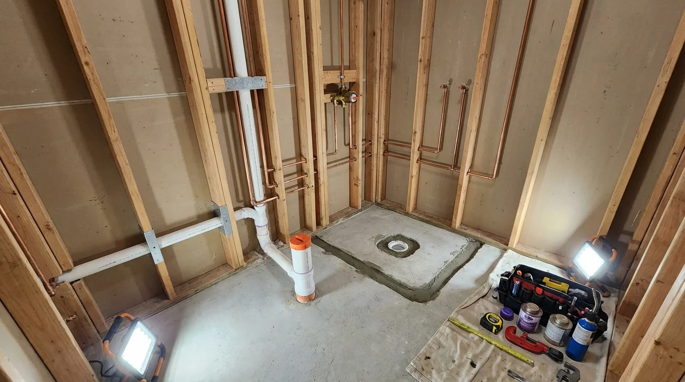 Bathroom rough-in plumbing during remodel by Johns Plumbing LLC in Elk Point