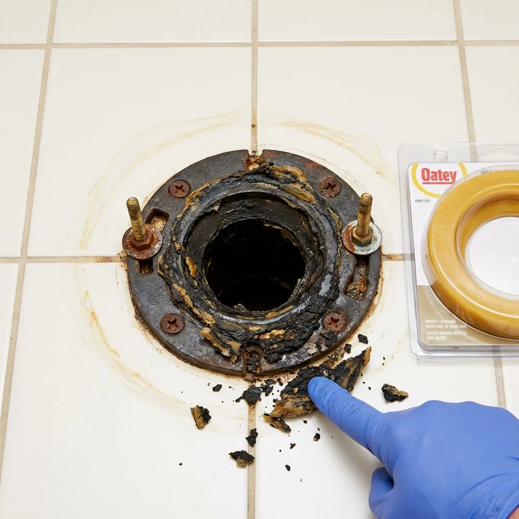 Failed wax ring showing water seepage at the base of a toilet in a Elk Point, SD home
