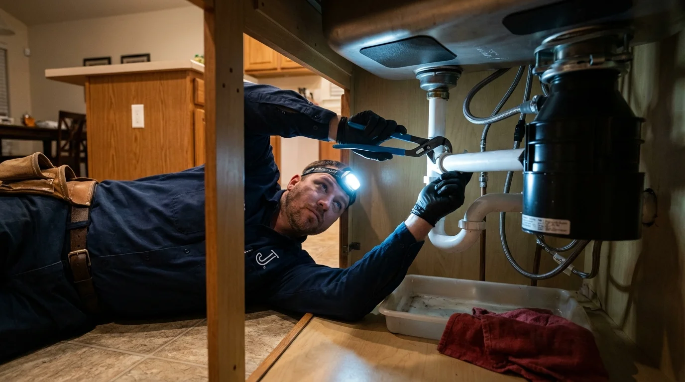 P-trap and supply line connections under a kitchen sink showing a common leak point in Elk Point, SD